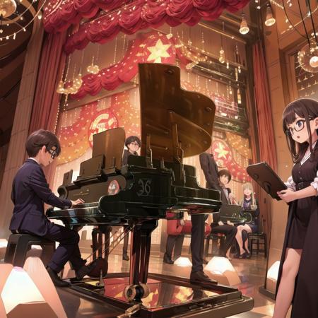 best quality, ultra-detailed, illustration, glasses,
missosaka, multiple boys, multiple girls, indoors, instrument, cup, stage, grand piano, piano
 <lora:MissOSAKA_SD15_V1:1>