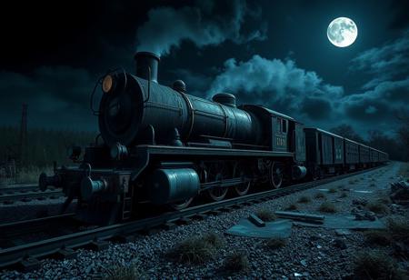 An abandoned steam train on a railway track under a moonlit night, intense and dramatic, intricated details, hyper realistic, cinematic view, dark steam ambiance.
<lora:art_lora:1><lora:realism_lora:1>
