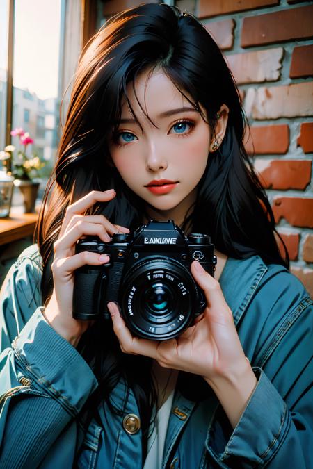 a woman holding a camera in front of a brick wall and window with a brick wall behind her and a brick wall behind her,1girl,solo,camera,denim jacket,long hair,brown hair,holding,looking at viewer,holding camera,smile,jacket,denim,upper body,lips,brick wall,hair between eyes,blue jacket,blurry,realistic,bangs,blurry background,indoors,closed mouth,blue eyes,black eyes,
Best quality,masterpiece,ultra high res,<lora:chaoren 1:0.5>,