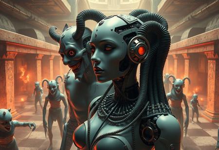 Create a highly detailed, 4K image of a half-robot and half-woman character, set in a labyrinthine environment inspired by the works of M.C. Escher. The character should be surrounded by a gang of twisted, eerie circus clowns, with hints of ancient Egyptian ruins in the background. Incorporate elements of cyberpunk and surrealism, with a focus on contrasting light and shadows, and a muted color palette with neon accents. The image should have a sense of unease and tension, as if the character is being watched or cursed. Use a mix of organic and synthetic textures, with intricate details and a sense of depth. The style should be inspired by the works of artists such as Artgerm, WLOP, and Greg Rutkowski, with a blend of realistic and fantastical elements.