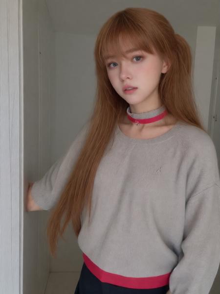 dirya, aska, 1girl, long red hair, beautiful, young, (pullover:1.3), chocker, <lora:dirya:0.65>