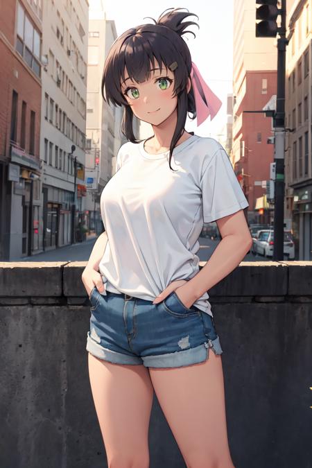 masterpiece, best quality, absurdres, 1girl, solo, MaiYanase, hairclip, folded ponytail, hair ribbon, t-shirt, denim shorts, standing, outdoors, city, hands in pockets, smile, <lora:MaiYanase:1>