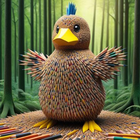 Pencil_morph_style, psyduck made of pencils, pokemon \(creature\), no humans, solo, forest background made of pencils, standing, full body, hands on own head, animal focus, bird, duck made of crystal, black eyes, yellow, crystal feathers, looking at viewer, closed mouth, arms up, pencils.