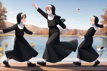 littlenuns, 5girls, dynamic pose, ducks, extreme detail, nun, <lora:littlenuns-000020:0.4>, masterpiece, best quality