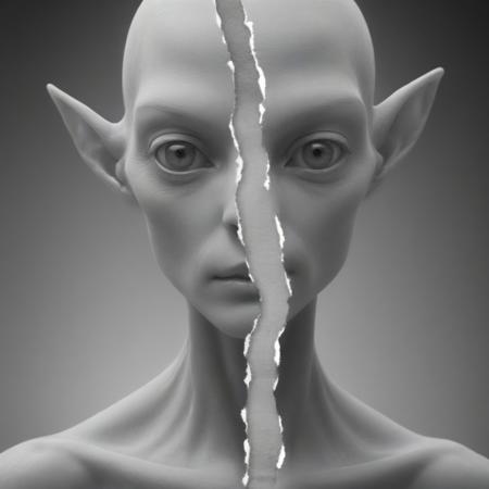 Photograph of Roswell gray alien, dark background, grayscale, 
<lora:TornArt01-03_CE_SDXL_128OT:0.9> trnartCE