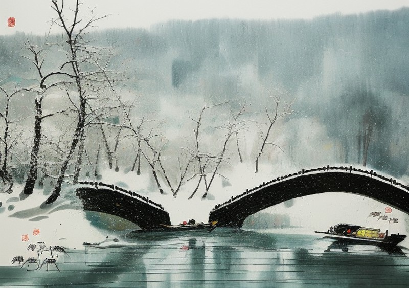 wyy style, A painting about the scenery of Winter scenery, A picture, a small boat in the river,traditional media, watercr...