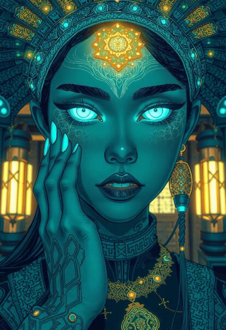 A highly detailed, intricate line-art illustration in the style of Steve McDonald. Detailed hyper realism in the visible body parts (face, hands, legs).
3D rendering, face close-up, CG high model, Elegant [goth ] with bioluminescent glowing makeup and a holographic asian headdress, in a [teal and gold] cyberpunk aesthetic, dark fantasy, anime-style, illuminated by soft lighting
, acrylic painting in style Adam Hughes.
The composition features mesmerizing line work, fine architectural detailing in the background, and a play of light and shadow through intricate hatching. The overall aesthetic is serene, introspective, and dreamlike, blending realism with a highly structured, almost meditative pattern-based design.