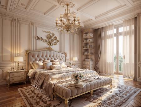 Masterpiece, high quality, best quality, authentic, super detail, interior,neoclassical bedroom, bed, wardrobe, curtains, Windows, modern ceiling,carpet,similar color tones,warm light,vray<lora:Avrhneoclassicalbedroom:0.6>