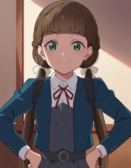 <lora:kinako-sakurakouji-s2-ponyxl-lora-nochekaiser:1>, kinako sakurakouji, long hair, bangs, brown hair, twintails, green eyes, hair ribbon, braid, blunt bangs, low twintails, shirt, dress, ribbon, school uniform, jacket, white shirt, open clothes, collared shirt, open jacket, red ribbon, neck ribbon, blue jacket, pinafore dress, grey dress, yuigaoka school uniform,