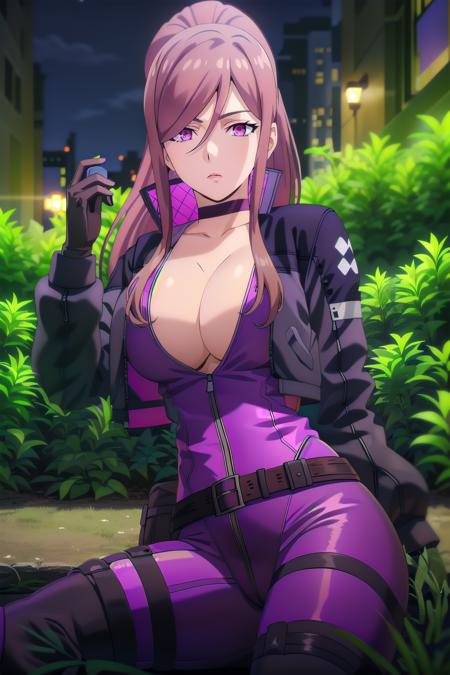 claudia_olis, 1girl, solo, brown hair, high ponytail, long hair, sidelocks, purple eyes, black choker, cropped jacket, open jacket, purple bodysuit, open bodysuit, collarbone, large breasts, black belt, belt pouch, two-tone gloves, thigh boots, looking at viewer
BREAK
grass, plant, dark, night
<lora:claudia_synduality_v1:1>