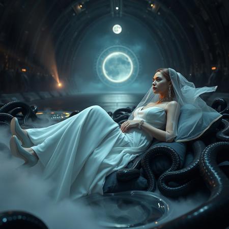 A refined, slender norvegian arrogant princess in an impeccable white  high slit transparent chiffon wedding dress, draped with a delicate slime film veil, adorns silver high heels, an elegant silver collar and handcuffs, and sparkles with diamond earrings, reclines amidst glossy black slime pillows, enveloped by snaking tentacles, illuminated by a single, dim light beam, in the heart of a dark, foreboding alien hangar. The air is heavy with fog wafting from a gaping hole in the floor, filled to the brim with gleaming, transparent slime, as an ancient, celestial portal beckons in the distance, set against a backdrop of twinkling stars and a glowing moon. Close-up.