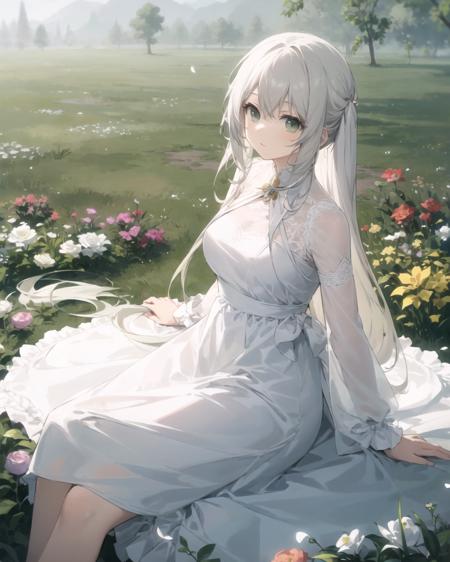 (masterpiece, best quality),1girl with long white hair sitting in a field of green plants and flowers, warm lighting, white dress, blurry foreground,dynamic pose,