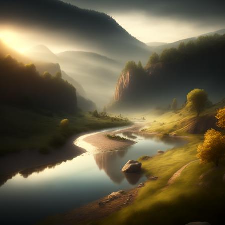 photo rendition of Peaceful river valley, serene scenery, epic landscape (RiverValley style:1) <lora:djzRiverValley:0.8)