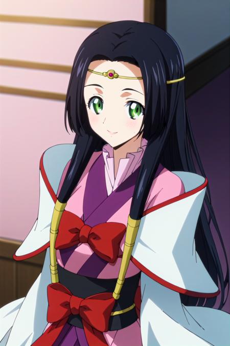 sumeragi kaguya, black hair, green eyes, long hair, circlet, hair tubes, japanese clothes, red bow