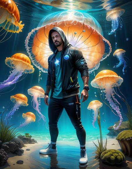 (masterpiece, best quality, hyper realistic:1.4)1man,detailed background,solo,full body,facial hair,muscular male,floating,aged up,hoodie,seafloor,star light,sea grass,colorful jellyfish,six heads tall,depth of field, , mysterious, eyes detail