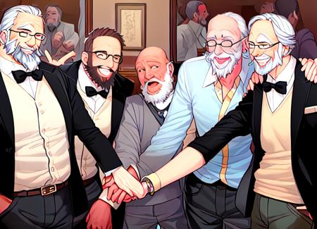 multiple boys, glasses, old, smile, holding hands, facial hair, old man, beard, realistic, grin, jewelry, hetero, earrings, 1girl