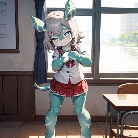 full body, 1girl, melusine, green skin, grey hair, blue eyes, straight ears, thin tail, smile, classroom, sailor uniform, school girl uniform, red skirt, black pantyhose, hands clasped together, head tilt,
<lora:MelusineV2:1>