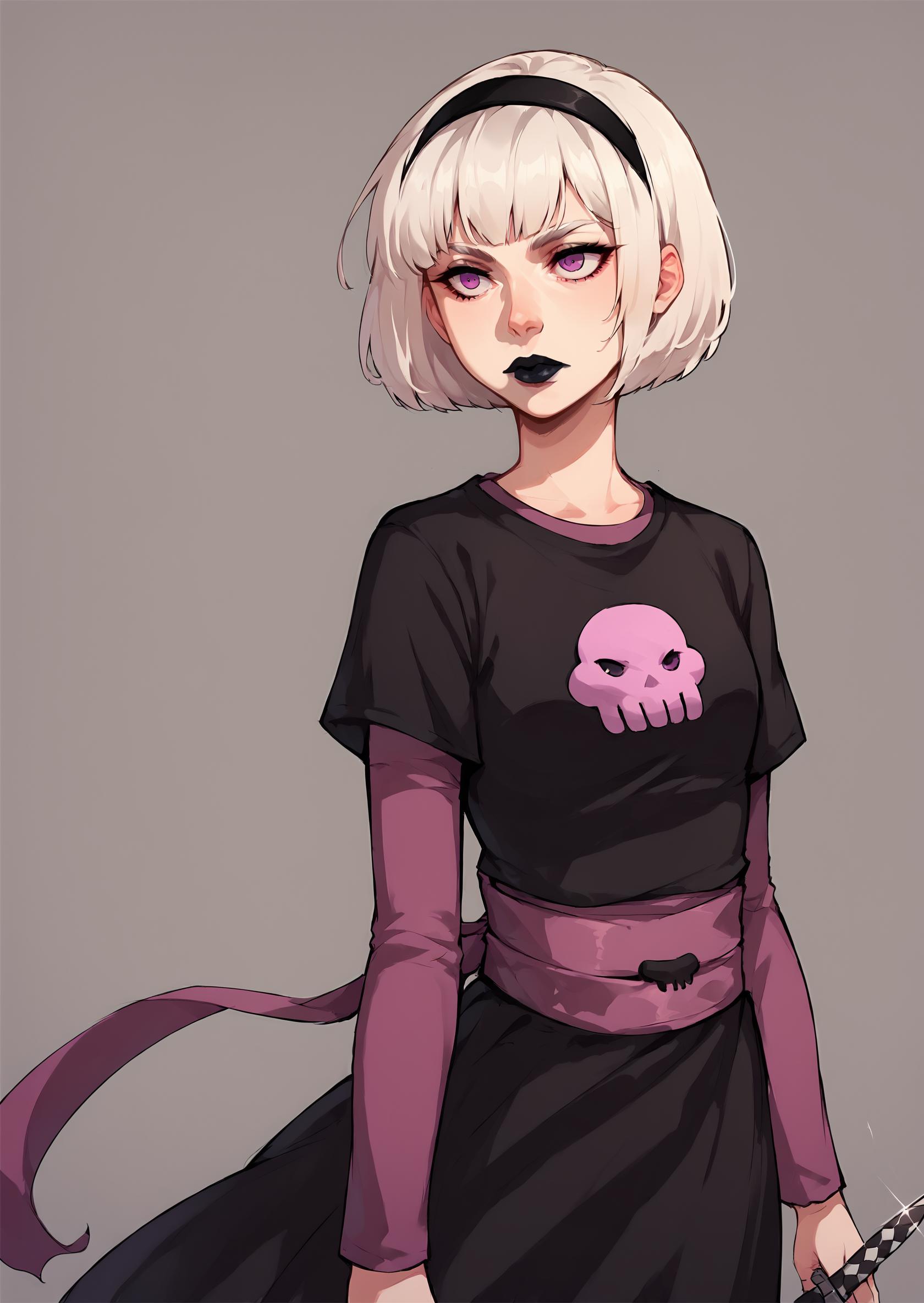 core_9, score_8_up, score_7_up, score_6_up, score_5_up, score_4_up,  1girl, white hair, black hairband, black lips, purple eyes, shirt print, <lora:Rose_Lalonde_-_outfits:0.9>, rosedress, shirt print, 1girl, solo, short hair, blonde hair, dress, purple eyes, hairband, pink eyes, black dress, sash, makeup, bob cut, knife, lipstick, skull, BREAK source_anime