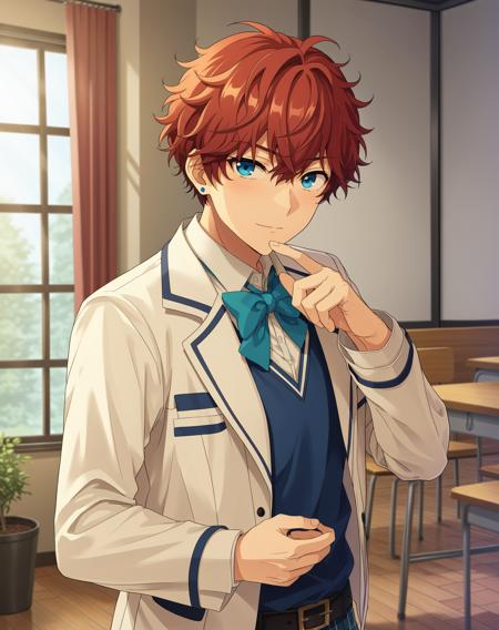 amagi hiiro,  blue eyes, red hair, curly hair, short hair, bangs, hair between eyes, single earring,