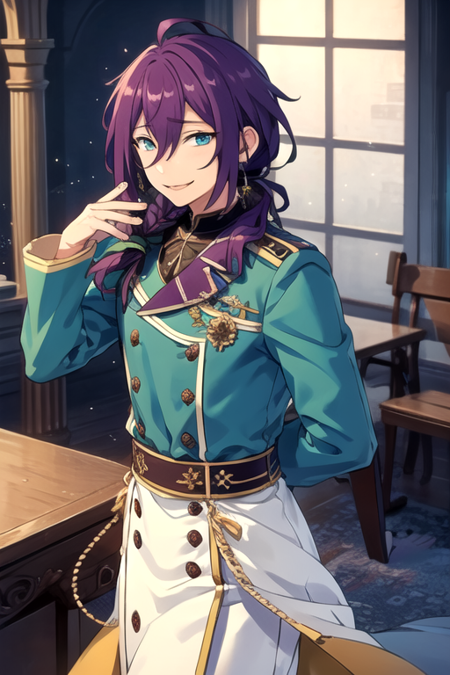 <lora:Mayoi-05:0.7> ,mayoi, solo, long hair, looking at viewer, smile, blue eyes, long sleeves, 1boy, hair between eyes, ponytail, purple hair, flower, male focus, indoors, buttons, tassel, light particles, low ponytail, blue flower, double-breasted, pillar