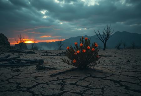 fake or not fake,
Post-apocalyptic landscape shot, wide-angle view of a devastated sandstone desert wasteland. Burnt, cracked earth with scattered metallic debris and fragments of destroyed structures. Eroded rocky formations and charred, skeletal trees stand under a dark, ash-filled sky. The air is thick with radioactive dust and glowing orange embers drifting through a dim, stormy atmosphere. In the distance, jagged mountains silhouetted against a clouded blood-red and grey sunset. Amid the desolation, a single delicate but lush bush grows and blooms — glowing softly in orange and white light, petals almost translucent, radiating a faint warmth. The contrast between the fragile bloom and the ruined world highlights a haunting beauty. Fine mist and glowing dust particles surround the scene. Low-angle, cinematic, emotionally charged, Ultra high-resolution, 32k DSLR quality, UHD, shallow depth of field, neutral and desaturated color grading, photo-realistic, textured details.