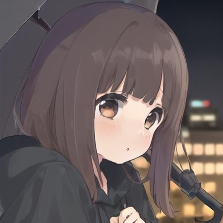 <lora:mcroppep:0.75> 1girl, black_hoodie, brown_eyes, brown_hair, eyebrows_visible_through_hair, standing, looking_away, profile, night, city, umbrella, holding_umbrella, closed_mouth