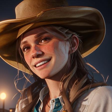 Sadie Adler, 4k, f/1.8, volumetric lighting,  (long, straight hair:1.5), ((brown eyes)), smiling at the camera, wearing a ((cowboy hat)), wearing a white shirt, ((at night)) <lora:Sadie Adler:1>