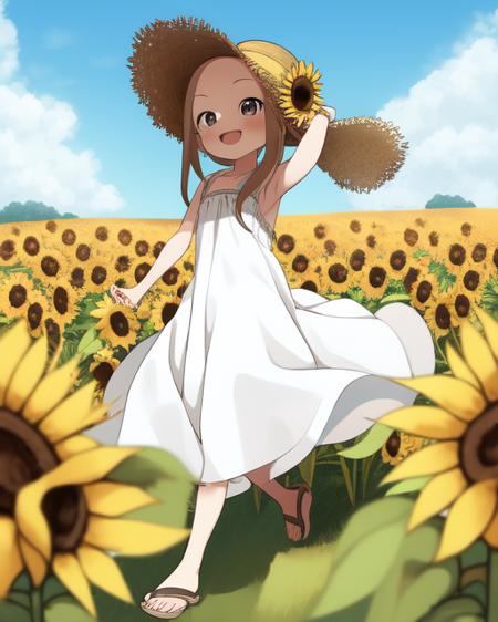 <lora:Yamamoto:1>
a girl with big forehead wearing a white summer dress, straw hat and sandals smiling mischievously in a field of sunflowers.