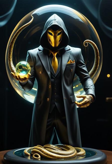 dynamic angle, a hooded man, face in shadow, unseen face, stylish business suit, dynamic pose, standing, table, single hand, palm holding a floating orb, fist sized orb, a small serpent swimming inside orb, energy pulsing from orb, armory, armor stand, treasure room, mysterious, dark, black and gold theme,