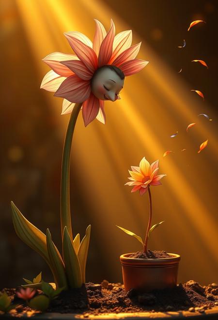 "Create an extremely detailed and hyper-realistic image of a majestic flower, with a gentle and admiring face, standing next to a pot and gazing lovingly at a smaller flower that is sprouting from the soil. The larger flower's body is slender and delicate, with intricate petals and a subtle sheen. The smaller flower, which is only partially visible, has a sweet and innocent face and is looking up at the larger flower with a sense of wonder. The scene is bathed in beautiful, warm light rays that stream in from the side, casting a golden glow over the flowers. Colorful, trailing wind effects dance around the flowers, adding a sense of movement and life to the image. The larger flower's face is filled with a sense of joy and admiration, and its petals are gently swaying in the breeze. The image should be rendered in a hyper-realistic style, with incredible attention to detail and texture. Think 'photorealistic' and 'whimsical'."