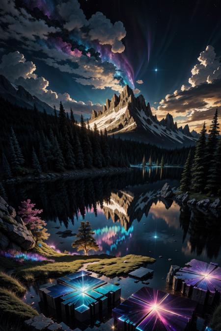 bismuth_texture, landscape, lake, forest, mountains, clouds, night <lora:bismuth_texture_v2:0.6>, <lora:add_detail:0.25> <lora:realistic:0.25> <lora:waterVFX:0.25>