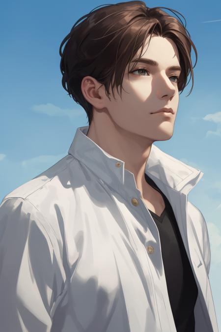 masterpiece, best quality, realistic, 1man, male focus, mature, tall muscular, handsome, [thick eyebrows], portrait, extremely detailed face, brown hair, (short hair), casual clothes, blue sky