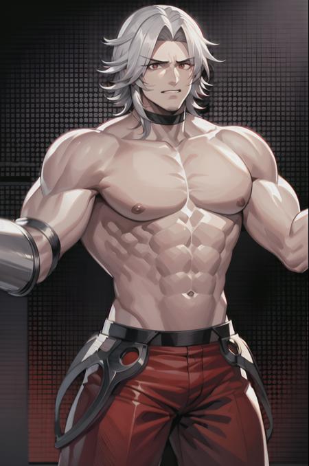 rugal95 black gloves  fingerless gloves abs eletronic clothing topless barechested male adult red pants solo male focus person veins muscular muscular male pectorals white hair male teeth pants covered abs hand heterocromia glowing eye white eye red eye red esclera white esclera taut clothes biceps large pectorals spiked hair short hair simple background shirt taut shirt bare shoulders manly