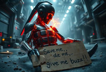 “Plastic Man morphing into a grenade, blending human and explosive features with intricate high-technology details. His body exhibits glossy, translucent plastic textures merging seamlessly with the metallic, textured surface of a grenade, complete with mechanical grooves and a glowing fuse. Random, glowing, fancy spots illuminate the scene, resembling futuristic bio-luminescence. A rotten piece of cardboard lies in the foreground, damp and crumpled, with bold, messy handwriting that reads: ‘Save me, give me buzz!’ The setting is an abstract, high-tech environment, filled with mechanical and organic elements. Rendered with cinematic prime lens effects, using a fisheye 12mm perspective for dramatic distortion and dynamic depth, showcasing surrealism with stunning visual clarity.”