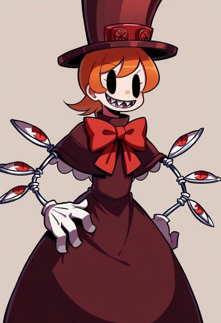 peacockSG, orange hair, dot eyes, top hat, dress, red bow, mechanical arms, white gloves thigh boots