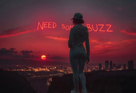 golden rule, perfect quality, 16k, very detailed, highly detailed, realistic, photorealistic, ultra sharp, scineastic, , colorfull, in a desert, warm red early morning, hot, detailed soft glowing clouds. dim red sun, city lights and high buildings in the far background, dark shadows, strong shadows, dramatic lighting, dark theme, dark, rimlight, highly detailed, close backshot, low angle, woman, slim, adletic, slender, standing on a cliff, (writing "NEED SOME BUZZ" on the sky, glowing, red, ), back to the camera, short red glowing hair, thight white jacket, white cap, tight white leggings, white sneakers, white tight gloves, slim body, tight ass, tight legs,