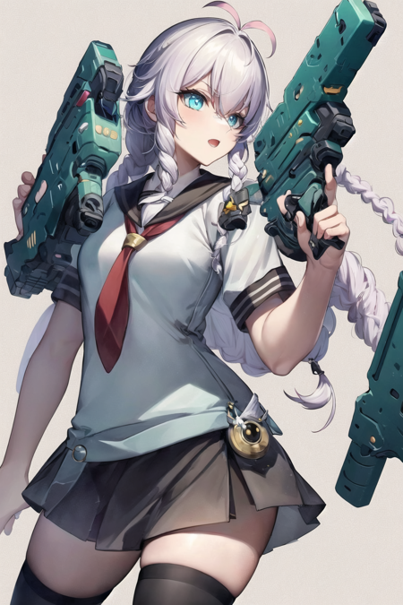 <lora:MMO_Concept-10:1> 1girl, solo, gun, weapon, holding weapon, holding gun, thighhighs, holding, white background, skirt, blue eyes, white hair, short sleeves, bangs, simple background, yellow necktie, open mouth, bullet, long hair, necktie, shirt, twin braids, school uniform, black thighhighs, drill hair, white shirt, handgun, hair ornament, antenna hair, brown skirt, hair between eyes, twin drills, sailor collar, braid