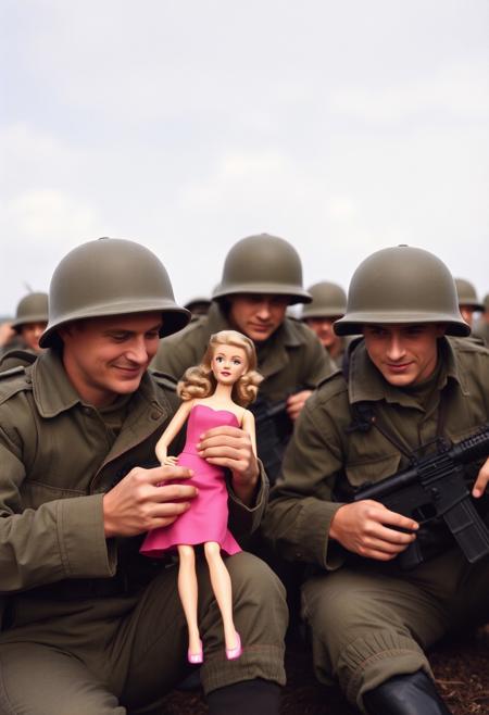 virile rugged macho men soldiers in green fatigues on the front line playing with pink barbie dolls, 1945, colorized