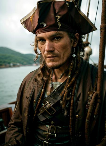 ms1  close up Portrait photo of  man  in a (pirate costume), intricate, (cloth [brown and green]), elegant, sharp focus, photo by greg rutkowski, soft lighting, vibrant colors, masterpiece, ((on a pirate ship)), detailed face
<lora:MichaelShannon:1>