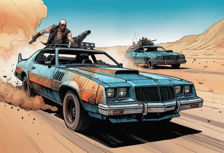 candid view, mad max style, interceptor car chase, epic, action, cinematic, motion trails, colored inked, comics, graphic novel illustration, flat colors, highly detailed, large gradient, paper texture, go pro, color graded illustration, comics page, scoundrel