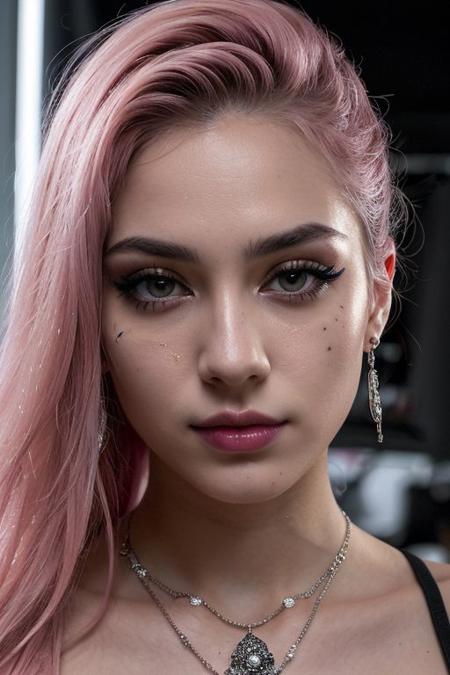 (a cute girl, 22 years old, pale skin ,  pink hair ,skinny:1.1),(big boobs , small nipples, Colombian hipster girl, edgy vibe, dark, mascara, eyeliner, dark cheeks, expressive lips, Unique facial piercings, alluring necklace, stylish sexy streetwear, alluring thighs, aesthetic tattoos on her body, almond shaped eyes, Dimples, strong eyeliner eyes ,Defined jawline, skin pores )(best quality, high quality, photograph, hyperrealism, masterpiece, 8k:1.3), mestizo, burly, white shaggy hair, dark skin, smile, (low-key lighting, dramatic shadows and subtle highlights:1.1),(((in the middle of the photoshograph studio))) adding mystery and sensuality, trending on trending on artsy, concept art, (shot by helmut newton:1.1), rule of thirds, black and white, modern ,epiCRealism, epiCNegative