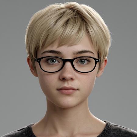 A realistic head and shoulders image of a fictional person about 20 years old that looks like Juno from the movie Juno but with a blond pixie cut and black rimmed glasses. She is facing the camera.
