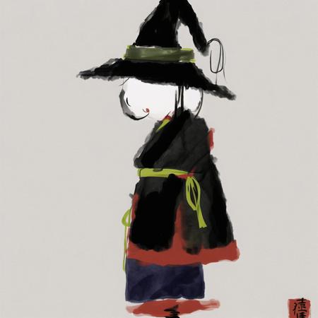 <lora:shilstone_artsls_v2:1.0>, (shilstone_arts:1.0), picture, drawing, painting, 1girl, big hair, black cat, cat, closed mouth, hat, japanese clothes, kimono, limited palette, long sleeves, obi, sash, signature, solo, standing, witch hat