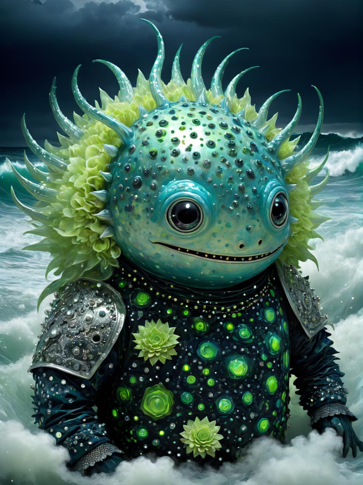 A whimsical underwater creature with spiky hair and green flowers.
