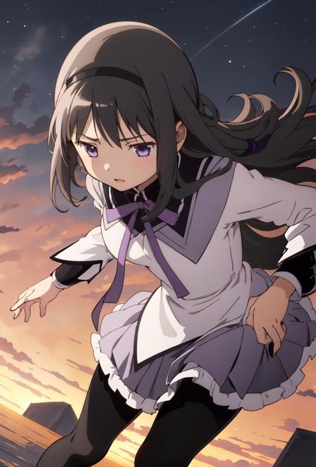 1girl, solo, homuramagica, long hair, pantyhose, purple eyes, <lora:homura_akemi-000006:0.85>