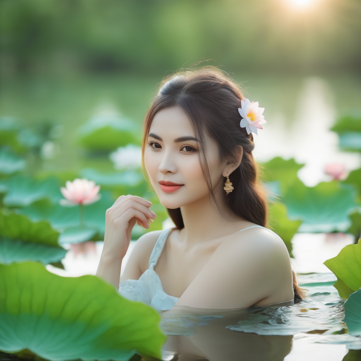 The woman's beauty can be enhanced by the reflection of the lotus flowers in the water. The vibrant colors of the lotus fl...