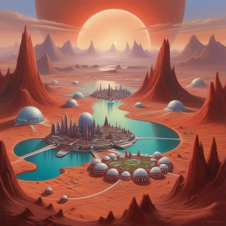 A pastel painting by "J. Carter", a young government scientist, depicting a fantastical city on Mars after terraforming, science-fiction city, painted in the 1940's, the city is called Mars Alma
Mars terraforming complete, only the high peaks remain of red sand, far away lakes. a couple of biodomes, savana
 a fantastical terraformed city hidden among the crimson high peaks, where majestic biodomes shelter lush savannas and far-off lakes glisten.