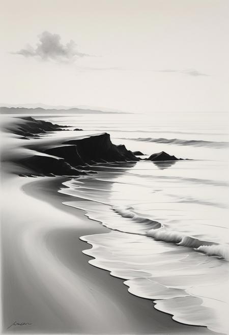 Minimalistic art of a serene beach on a pure white background. The image features smooth, elegant lines that suggest gentle waves, a subtle shoreline, and a distant horizon, evoking calm and simplicity. The design is clean and refined, with no extraneous details—just pure, abstract representation of a peaceful seaside scene in modern artistic style. Black and white art, black pencil shading, charcoal drawing, toned paper, pencil drawing, brutal dark b/w color scheme.