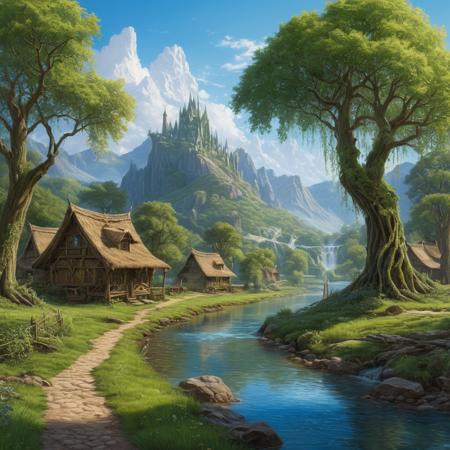 a beautiful and highly detailed painting of a woven willow elven town in a forest, a river, blue clear sky, epic scale, insanely complex, hyperdetailed, sharp focus, hyperrealism, artstation, deviantart, 4K, 8K, 