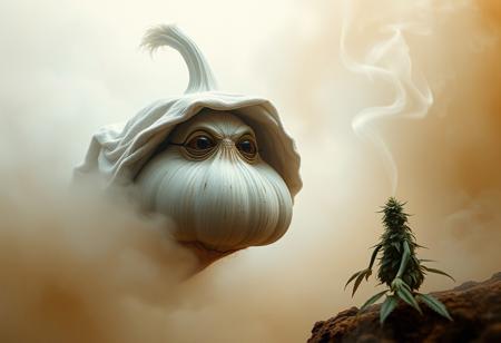 Picture an otherworldly scene: an alien garlic bulb floats in a swirling, surreal fog, cloaked in a windswept shroud, locking its gaze directly at the viewer. Nearby, a laid-back, anthropomorphic weed bud leans in, exhaling smoky tendrils that blend into the swirling garlic imagery around them. The image feels like an award-winning photograph, every detail intricate and high-res. Captured with the nostalgic grain of 35mm film, the scene has a vignette, grainy texture, and Kodachrome tones that evoke a dreamlike, Lomography-inspired mood.